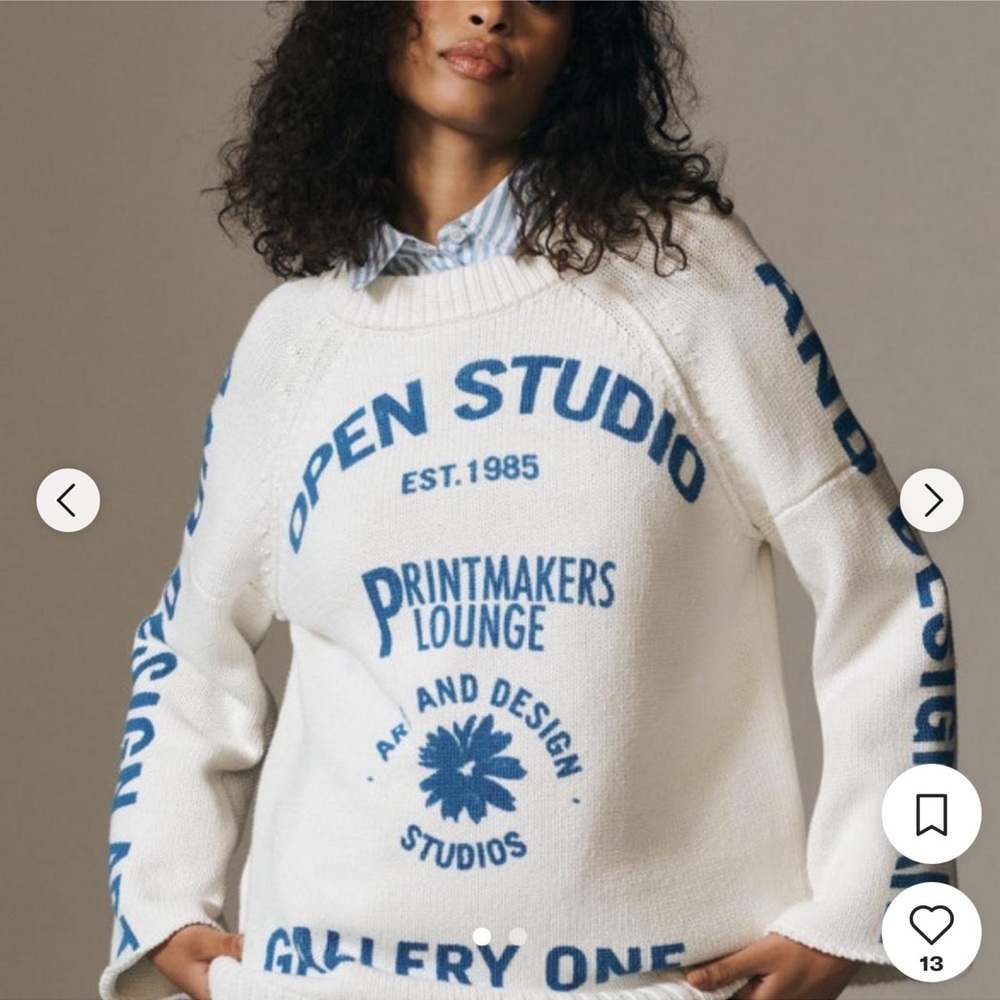Pilcro White and Blue Graphic Printed Sweater